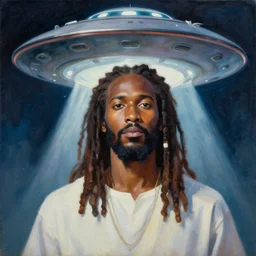 UFO hovering around an African Jesus with dreadlocks, portrait painting by Hsiao-Ron Cheng,