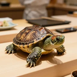 a turtle at a sushi bar