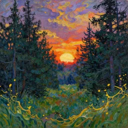 landscape forest sunset splash art graphic design color splash high contrasting art, fantasy, highly detailed, rule of thirds art by vincent van gogh and claude monet