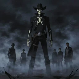 ghostly tall skeletal cowboy in black outfit, wreathed in dark smoke, menacing scenic full shot, ambient lighting, detailed face, by makoto shinkai, rembrandt, stanley artgerm lau, wlop, rossdraws