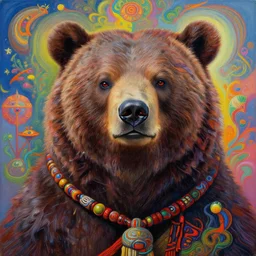 hyper - maximalist overdetailed painting of a bear - shaman by hannahy yata caitlin hacket in the style of naoto hattori. artstation. deviantart. cgsociety. surrealism infused lowbrow style. visionary psychedelic fineart. hyperdetailed high resolution render by binx. ly in discodiffusion..