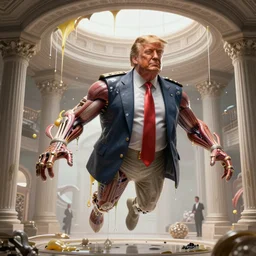 realistic 3 d render,!!!! donald trump + baron harkonnen hybrid hovering and dripping goo inside house harkonnen!!!!,! monster anatomy!, in the style of dom qwek and john howe, anatomical, detailed, cinematic atmosphere