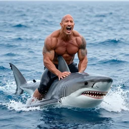 photo of Dwayne Johnson yelling and riding a shark in the middle of the ocean, full shot, highly detailed face