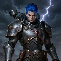 portrait of beautiful gothic and futuristic young man, warhammer, cyber armor, a lot of scars, thunderstorm, blue head, red eyes, the middle ages, highly detailed, artstation, illustration, more and more compostion, 8 k quality, art by rene magritte, jean delville