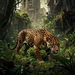 mutated jaguar in a post apocalyptic city overgrown with lush vegetation, by Luis Royo, by Greg Rutkowski, dark, gritty, intricate, backlit, strong rimlight, cover illustration, concept art, volumetric lighting, volumetric atmosphere,sharp focus, octane render, trending on artstation, 8k
