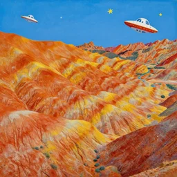 Zhangye Danxia landscape in the style of Dr. Seuss, starships, painting by Raphael Lacoste