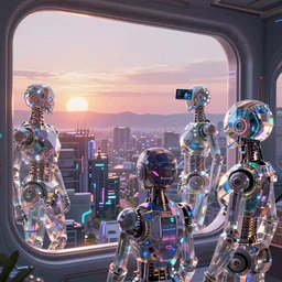 a cinematic composition depicting : we're overlooking translucid crystal android being, whos is behind their heads up display viewing out of their window how a high tech lush solarpunk tribe collaborating with their technologic android helpers encroaching a cyberpunk town at sunrise