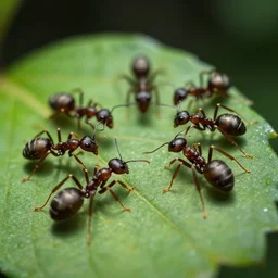 bionic ants at war on a green leaf, macro photography, 8 k, cinematic lighting, shallow depth of field,