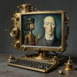 An intricate, highly detailed and technologically advanced steampunk computer painted by Rene Magritte and Salvador Dali