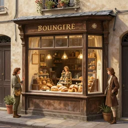 concept art, a beautiful highly detailed shop window of a small medieval french bakery, petite boulangerie, realistic shaded lighting poster by ilya kuvshinov, magali villeneuve, artgerm, jeremy lipkin and michael garmash and rob rey
