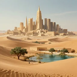 dune city with trees and water, and temples of arrakis, arrakeen, arab ar architectural and brutalism and gigantism, from frank herbert novels, composition idea concept art for movies, style of denis villeneuve and greg fraiser
