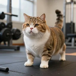 very fat cat doing exercise at the gym, photorealistic, hd