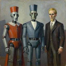 three brutalist robot bishops portrait, grant wood, pj crook, edward hopper, syd mead, oil on canvas