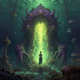 surrealistic monster on alien planet, underwater world, many fish, ornate and intricate, glowing nether portal, dim painterly lighting volumetric aquatics, by rhads, by francis bacon, 4 k, detailed, subsurface scattering, green - purple - yellow lighting, trending on pixiv