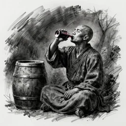 charcoal sketch of a monk drinking wine next to a barrel, medieval style