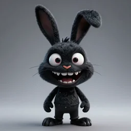 A extremely highly detailed majestic hi-res beautiful, highly detailed head and shoulders portrait of a scary terrifying, horrifying, creepy black cartoon rabbit with scary big eyes, laughing and standing up wearing pants and a shirt in the style of Walt Disney