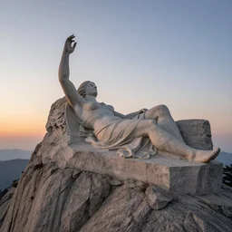 an ultradetailed colossal magnificent stone sculpture carved from the top of a massive mountain of an elegant woman lying down with a hand raised to the sky, fine detail, sunrise on the horizon in the background, stone hand raised up, 8 k, art by greg rutkowski and alphonse mucha and andreas rocha and albert bierstadt