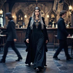 lomography, full body portrait photo of women like reol from a distance as a warlock wearing ornate gems and black robe walking past in a medieval tavern interior, moody, realistic, dynamic perspective pose, light blue filter, skin tinted a warm tone, hdr, rounded eyes, detailed facial features, alphone mucha, heian, black white gold