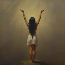 a beautiful painting of an indigenous woman, holding up her arms to the sky, seen from behind, full body, matte painting, fantasy art, ayahuasca, highly detailed