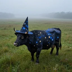 a detailed picture of a cow made of stars wearing a pointy wizard hat standing in a grassy field, cow wearing hat!!! viewed in profile and far away, fog in the background, ultrawide lens, aerial photography, black and blue color scheme with gold highlights, art by kirby and greg rutkowski, artstation, 8 k