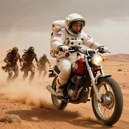 american astronaut driving a motorcycle in mars, tribe members chasing, action scene, an epic fantasy, dramatic lighting, cinematic, establishing shot, extremely high detail, photorealistic, cinematic lighting, artstation, octane render, by simon stalenhag, horizon forbidden west