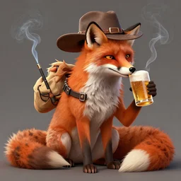 a polygamous fox with a hat drinking beer and smoking e - cigarette, digital art, high details