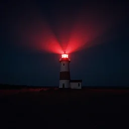 lighthouse that shines with a red beam, field, night, unsettling, photo 1998