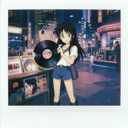 a full body polaroid portrait of a 1 9 8 0's disney girl working at a vinyl stall holding a vinyl, chromatic aberrations, closeup at the faces, perfect art, busy cyberpunk city, gapmoe yandere grimdark, trending on pixiv fanbox, painted by makoto shinkai takashi takeuchi studio ghibli, akihiko yoshida,
