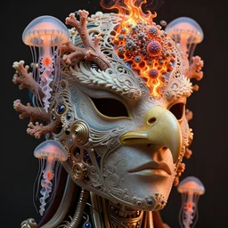 portrait intricate mask, eagle coral, jelly fish, mandelbulb 3 d, fractal flame, octane render, cyborg, biomechanical, futuristic, by ernst haeckel