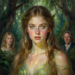 Portrait of the beautiful goddess Lana Rhoades as a dryad, she has those characteristic sparkling green eyes, she is looking straight to the camera, she has a glow coming from her, she is getting illuminated for rays of light, behind her is an ancient forest full of life, the photo was taking by Annie Leibovitz, Ellie Victoria Gale and Steve McCurry, matte painting, oil painting, naturalism, 4k, 8k
