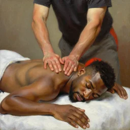 portrait of a man lying on a bed receiving a massage, deshaun watson getting a massage, oil on canvas painting by william sidney mount, trending on artstation, cleveland browns color scheme