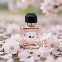 perfume buried in cherry - blossom petals with a blurred floral garden in the background