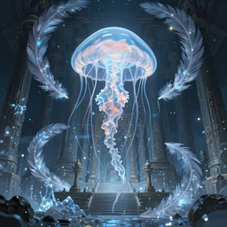 intricate, ancient temple. centered, amazing composition by amano yoshitaka, by rembrandt, illustrious makinami, digital art, digital painting, artstation trending, unreal engine, fractal flame, transparent jellyfish, transparent feathers, bio luminescent, ice, water, leds