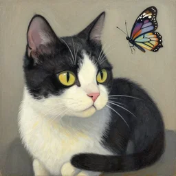 calico cat and a butterfly. decal by award - winning mangaka, intricate details, heavily stylized, muted palette, oil painting