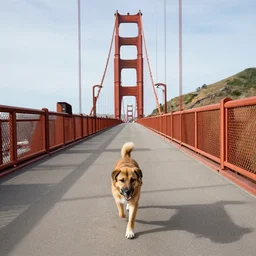 a dog walks on the golden gate bridge