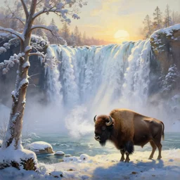 the most beautiful panoramic landscape, oil painting, where a giant dreamy waterfall is frozen, the trees around have snow over their leafs, a majestic bison is exhaling steam and the ray lights of the sunrise are brightening him, by greg rutkowski