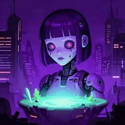 super detailed 8 0's illustration horror art of a glowing tealand purple pretty zombie android girlwith bangs, cyberpunk city, danguiz, flat art, sharp, by ilya kuvshinov