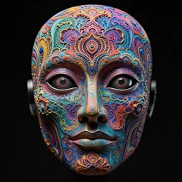 symmetrical close up roboter face with eyes and mouth, black background, shaman, colorful, psychedelic trip, patterns, fine mandelbrot fractal lace, 1 5 0 mm, soft rim light, elegant, hyper real, ultra detailed, octane render, giger beksinski, 1 6 k - n 4
