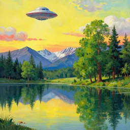 escher painting of a lake, big trees reflecting on lake surface, mountains at background, an ufo in the air, fluffy clouds, sunset, yellow, green, red, snowy, ultra sharp, ultra detailed, happy, uplifting, colorized by salvador
