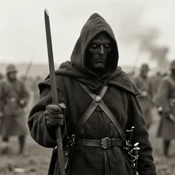 portrait of grim reaper on the battlefield, ww1 photo, grainy, high detail, high resolution,