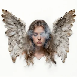 torn paper collage of an angelgirl face obscured by smoke ratty deteriorating wings, angel wings, wings, ratty feathers