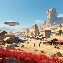 ncient egypt city, marketplace, desrt, spacecraft, cyberpunk, red grass, moutains, rocks, blue sky,rainbow color, illustration, concept art, fantasy, by greg rutkowski, Trending on artstation, deviantart