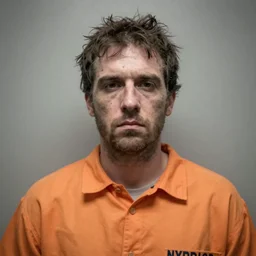 prison mugshot of jordan peterson, bright flash, orange prison shirt, low saturation, somber expression, filthy hair, rugged textured face, soft vignette, soft focus, 5 0 mm, 4 k, nypd