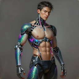 ultra realist intricate detailed painting of a single attractive cyborg male, neon scales and cyborg tech, model pose, art by vitaly bulgarov and nivanh chanthara, hyperrealistic, soft lighting, octane render