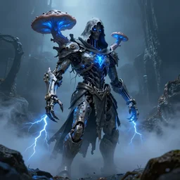 character design, biomechanical arcanist, tattered hood, fungi, blue lightning, blue mist, fog, scary, photorealistic, cinematic, hyper realistic, octane render, 8 k, wide angle