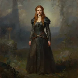 a full body high detail fantasy portrait oil painting illustration of a single beautiful bard female by justin sweet with face and body clearly visible, in a scenic background, pretty eyes, realistic proportions, d & d, rpg, forgotten realms, artstation trending, high quality, sombre mood, artstation trending, muted colours, entire person visible!