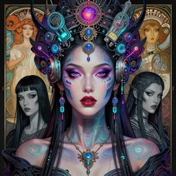 detailed portrait of a beautiful goddess in a cyber headdress, neon cyberpunk make - up, art by android jones, ernst haeckel, nekro borja, alphonso mucha, h. r. giger, gothic - cyberpunk,