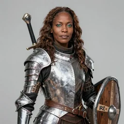 arabella mistsplitter, solo female darkskinned angelic soldier in her fifties, long brown hair, green eyes, african, ethiopian, short height, regular build, magnificent oval face, polished steel armor, shortsword, wooden shield a female dnd fighter's portrait, masterpiece, clear eyes, realistic, by brian patterson and rhads