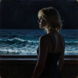 silhouette of a Elle Fanning gazing at the ocean, pitch black room, extremely detailed masterpiece, realist oil on canvas, low-key neon lighting, artstation, Blade Runner 2049, Roger Deakin’s cinematography, by Adam Miller,