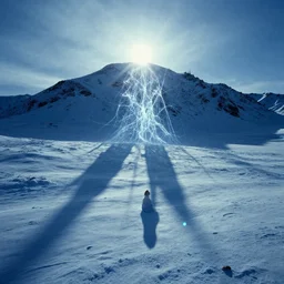 the first snow on a young earth, majestic landscape, long shadows, glowing fractal threads, still frame from the voyage of time movie by terrence malick with cinematogrophy of christopher doyle with art direction of giger, arri alexa, ultra wide anamorphic lens flares, 8 k